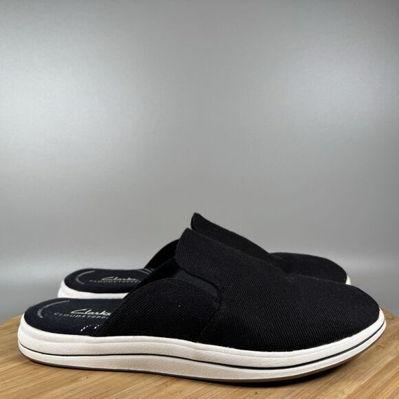 S Clarks Cloudsteppers Canvas Mules Breeze Shore Black Slip Women Size 7.5 - Picture 1 of 6